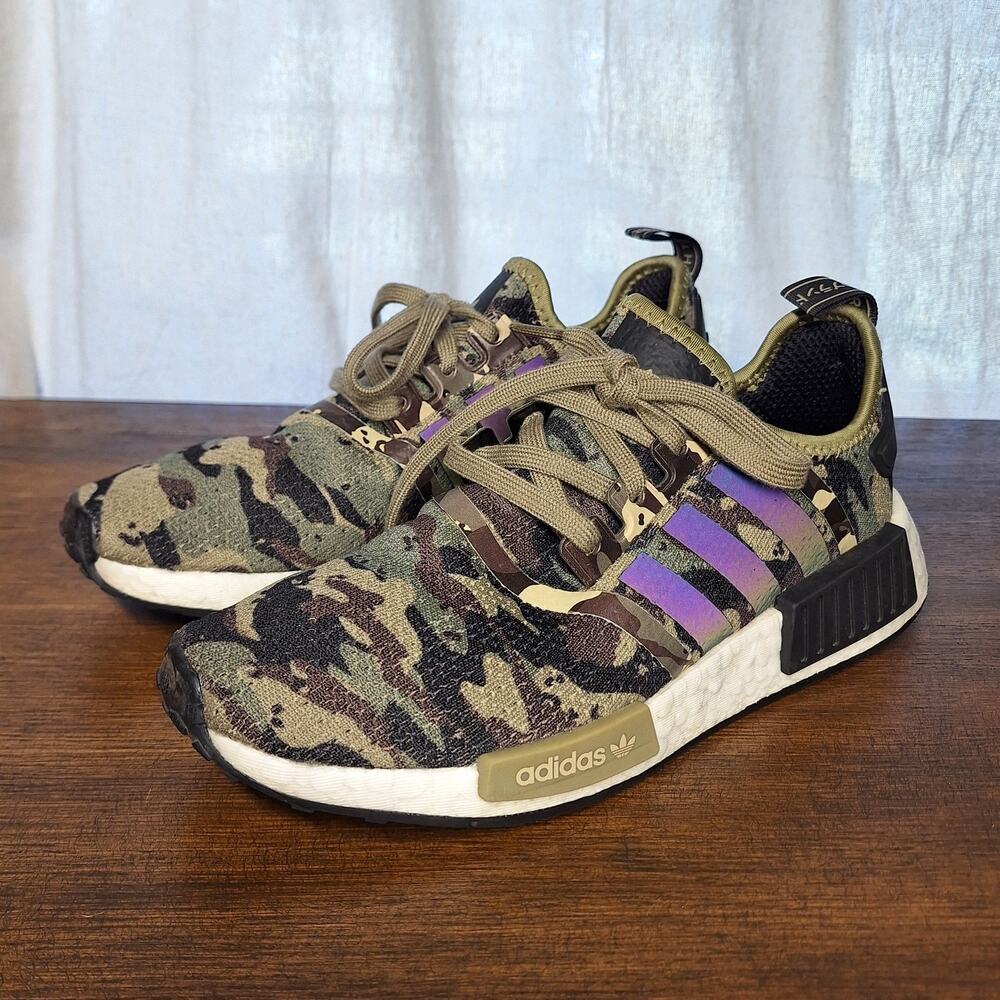 Adidas NMD_R1 Cargo Camo sneakers in woodland camo print iridescent stripes 7.5